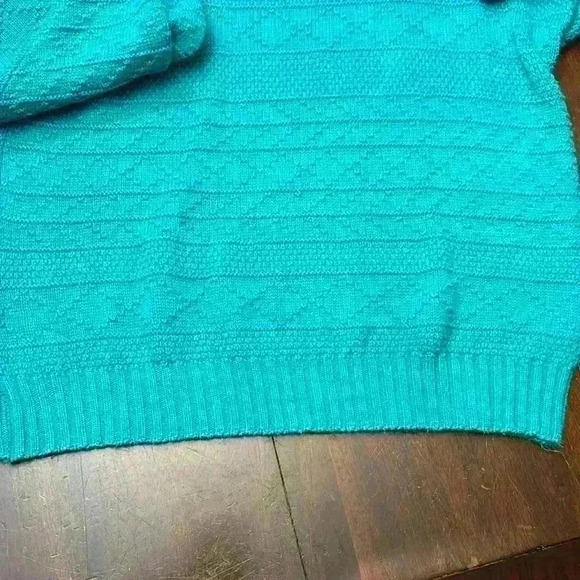 Vintage 80s Sweater Geometric Bright Teal Ramie/Cotton Cable Knit Sweater Large - Picture 11 of 14